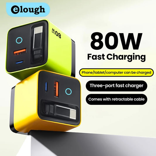 Elough 80W Gallium Nitride Charger Scalable Data Cable for Iphone Huawei A+C Full Protocol Multi Port Charging Head