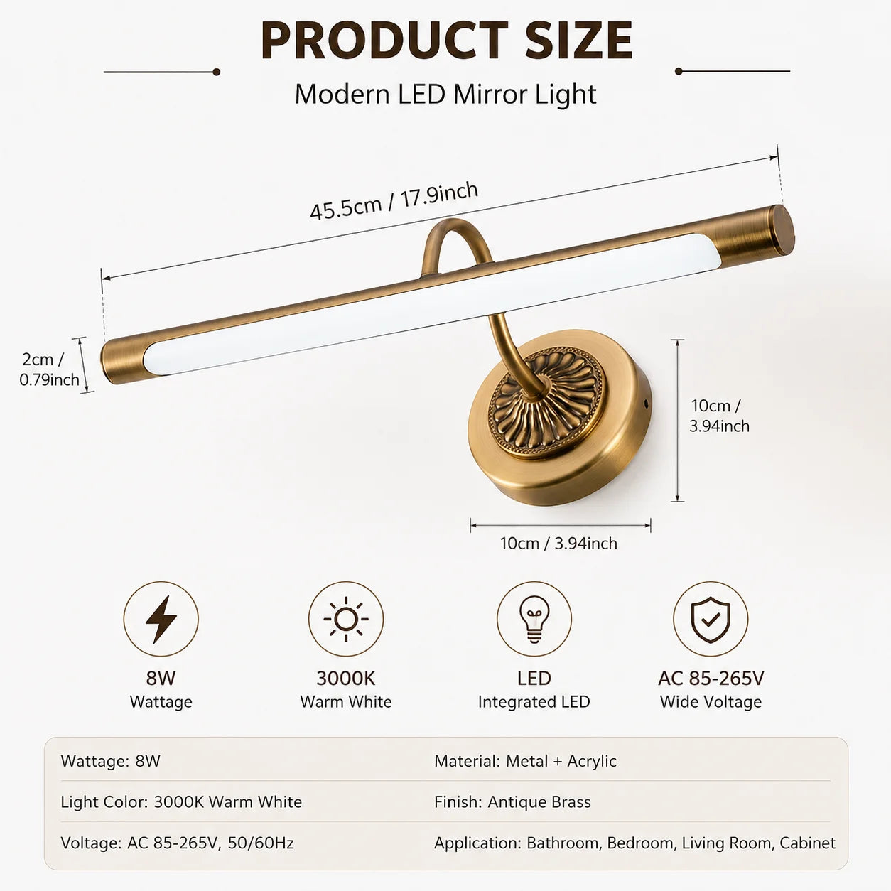 45.5CM 8W LED Bathroom Vanity Light Modern Antique Brass Mirror Wall Lamp for Bathroom Bedroom Living Room