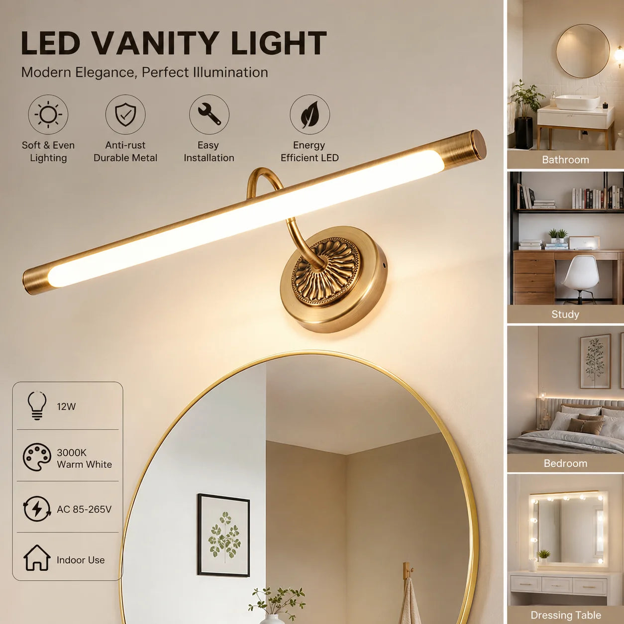 45.5CM 8W LED Bathroom Vanity Light Modern Antique Brass Mirror Wall Lamp for Bathroom Bedroom Living Room