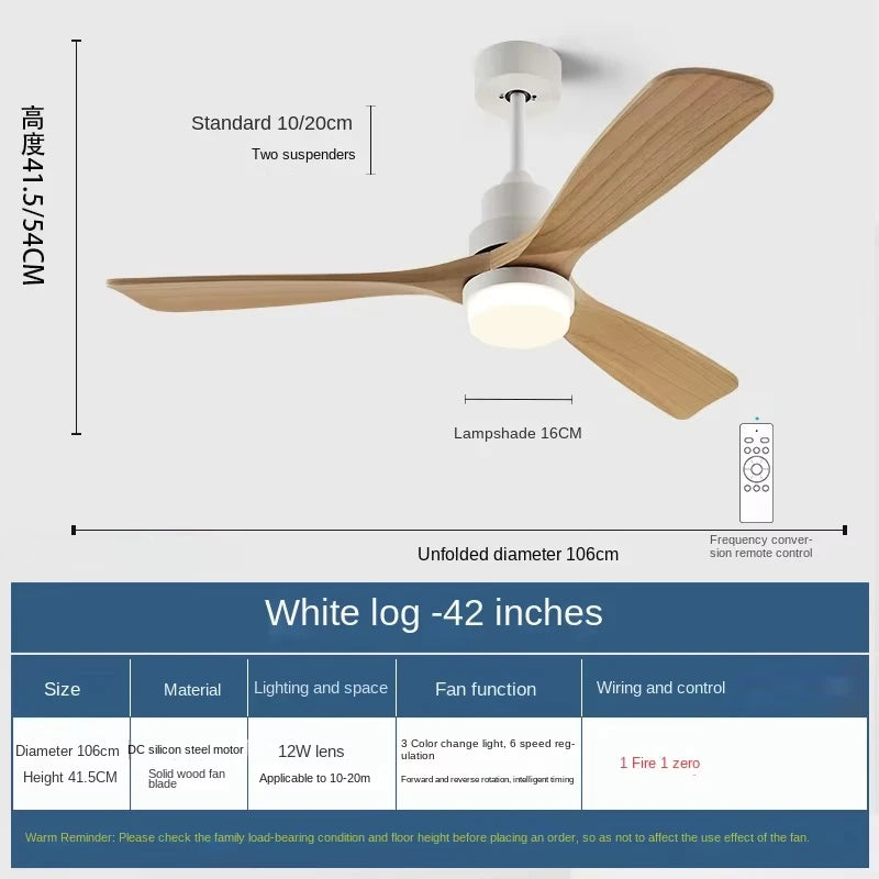 42/52 Inch Solid Wood Ceiling Fan, for Living Rooms, Bedrooms, Dining Rooms, and Study Rooms, with Remote Control Fan Lights