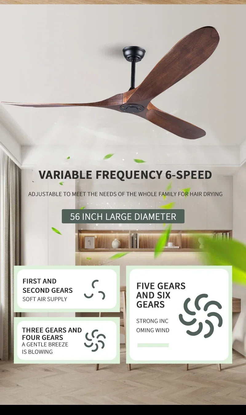 Modern Solid Wood Retro High Air Volume Ceiling Fan with Remote Control Without Lights Living Room and Dining Room Pendant Light