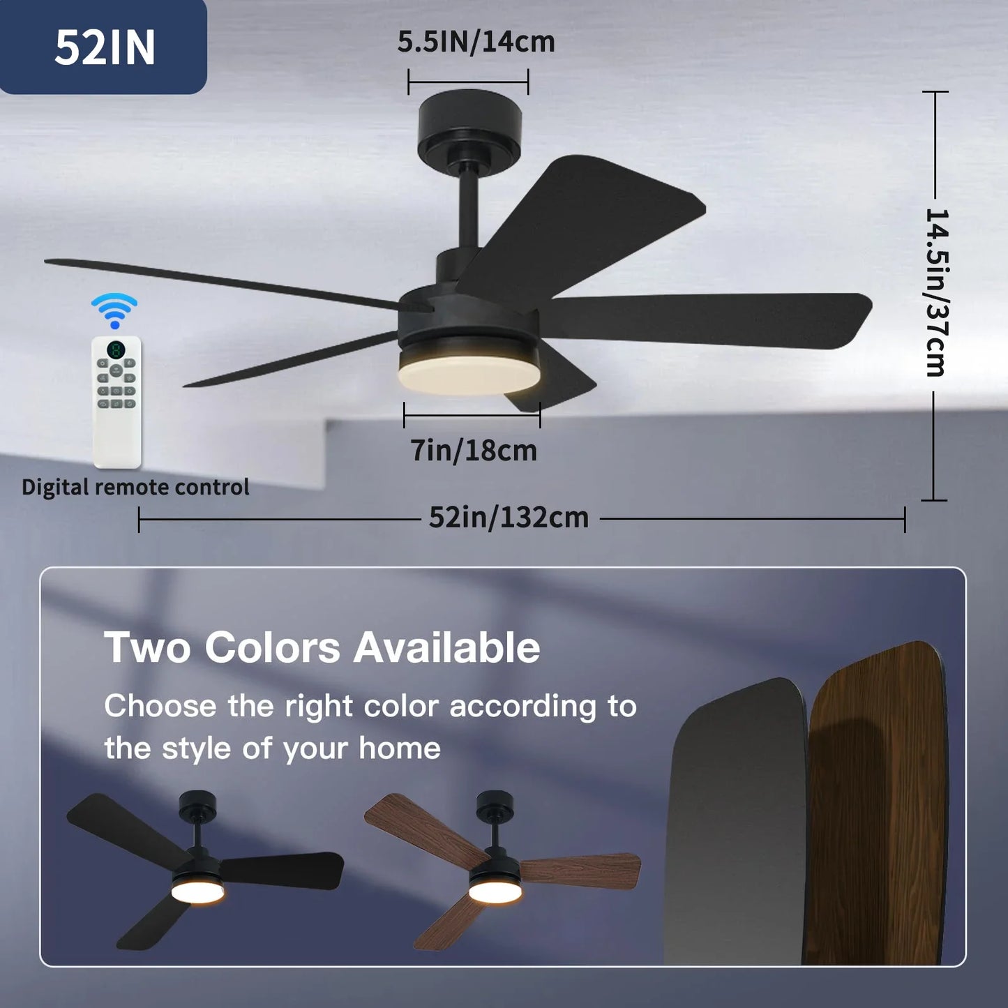 Ceiling Fan with Light, 3CCT, Silent DC Motor, Remote Control, Living Room, Bedroom, Dining Room and Study, Fan Light