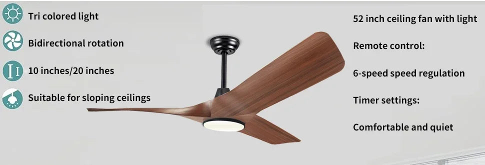 52 Inch Walnut Ceiling Fan, Remote Control with Adjustable Lights, 3 Fan Blades Reversible DC Motor Ceiling Fan, Decorative Fan