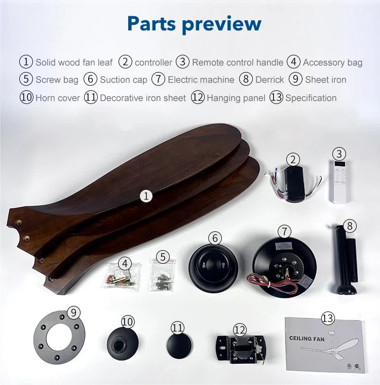 42/52/60/70 Inch Large wooden ceiling fan with DC Motor Remote Control ceiling lamp fan Electric fan for Living room bedroom