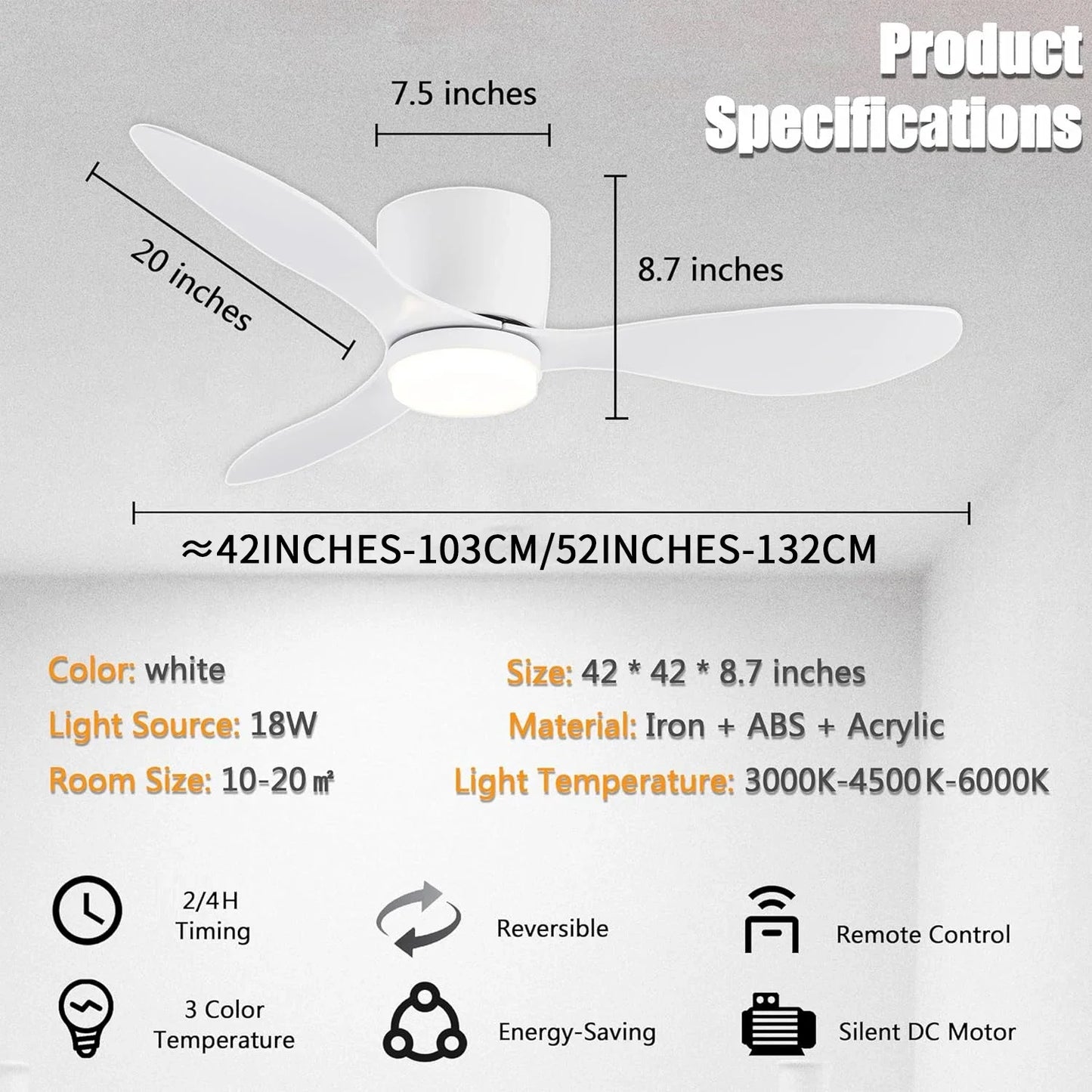42Inch Low Profile Mount Ceiling Fan Light with 3 Colors, 6 Speeds, Timing, Ceiling Fan with Remote Control  Bedroom Dining Room