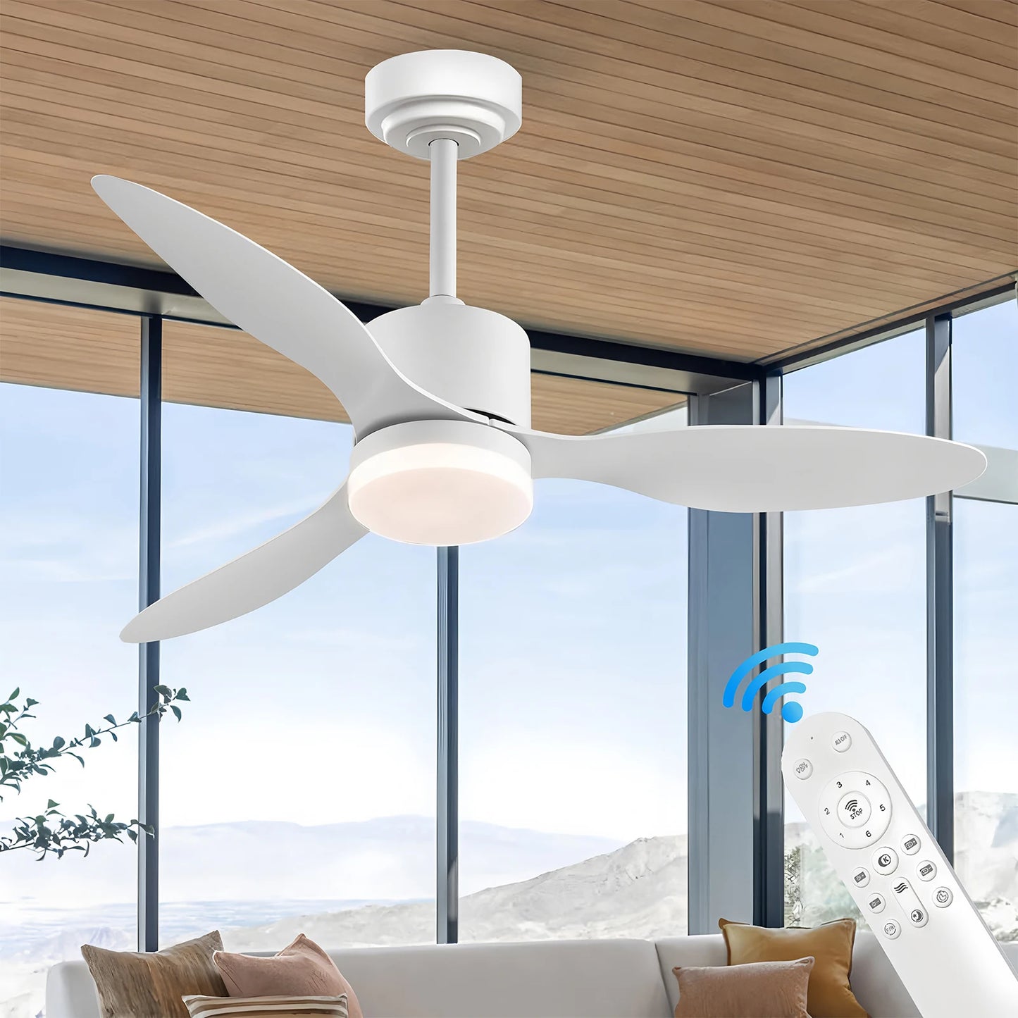 Nordic Ceiling Fan with LED Lighting Large Boom Cooling Electric Fan Three-blade Fan 6-speed Wind Lighting Energy-saving Fan