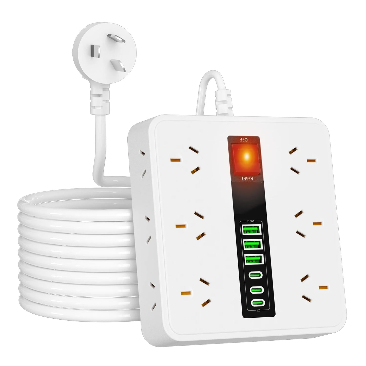 AU Plug Power board with 3 USB-A and 3 Type-C port,12AC Outlets, Surge Protector Power Strip, 2m cable Australia Socket