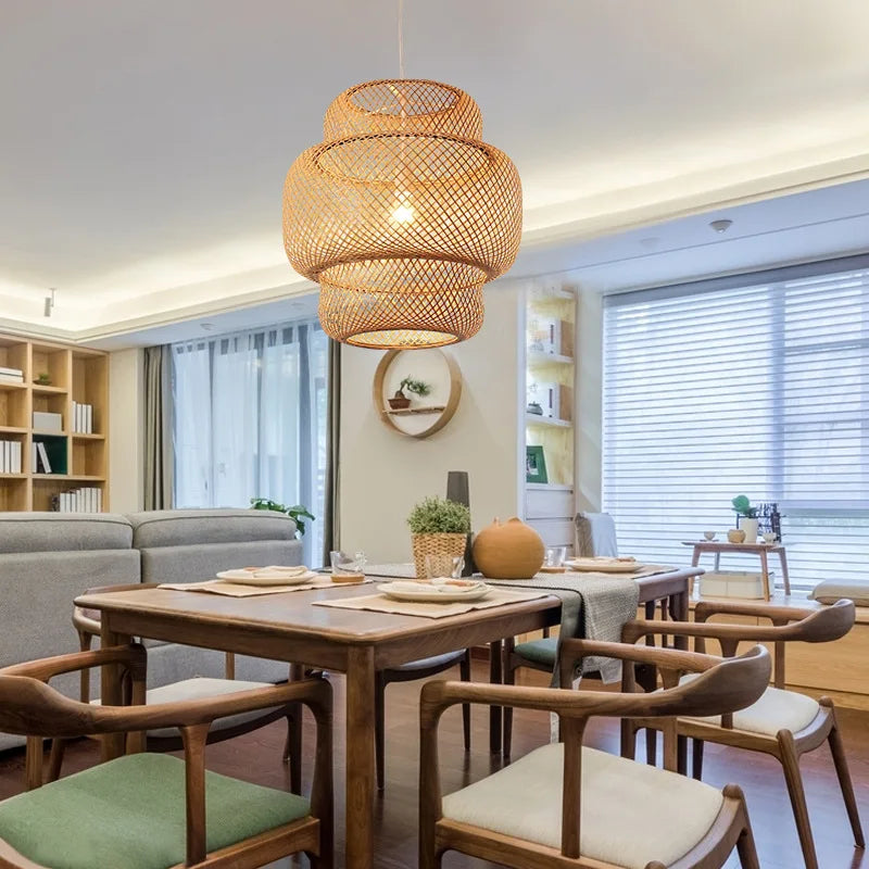 Hand Knitted Chinese Style Weaving Hanging Lamps 18/19/30cm Restaurant Home Decor Lighting Fixtures Bamboo Pendant Lamp