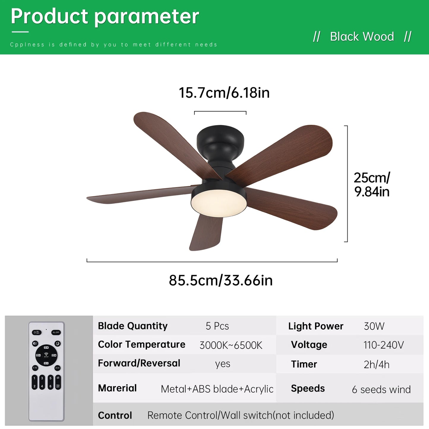 Indoor/Outdoor Flush Mount Ceiling Fan with Remote Control - 5 Blade Low Profile Fandelier - Reversible Quiet Timer