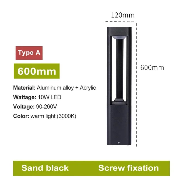 LED Bollard Landscape Light Outdoor Black Garden Pathway Lighting Fixtures Floor Lawn Lamp for Pillar Driveway Patio Yard Decora
