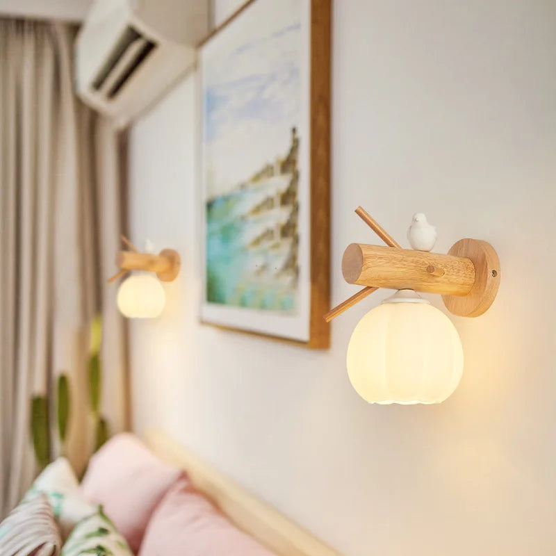 Nordic Cream Wind Wood Wall Lamp Log Bedroom Bedside Reading Lamp Rotatable Spotlight Living Room Ball Wall Sconce Home Decor