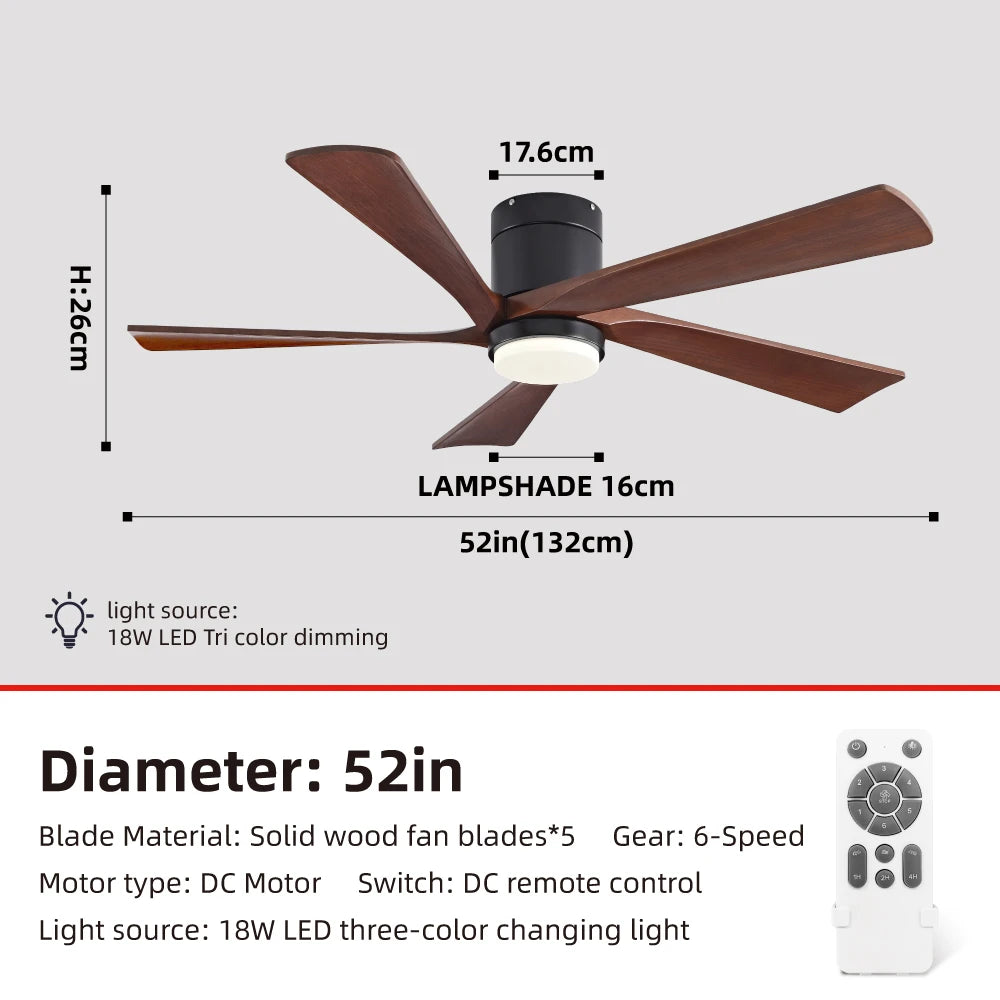 FUMANJIA 52" Solid Wood Ceiling Fan - 6-Speed Inverter Motor with Remote Control, Energy-Efficient Silent Operation for Living