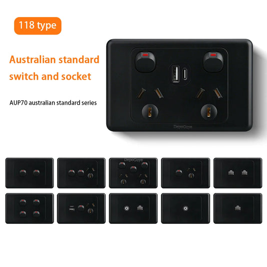 Black Australian Standard USB C Wall Dual Socket with 1/2/3Gang Switch,AU Plug Adapter Mobile Phone Charging Power 10A Outlet