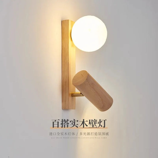 Nordic Cream Wind Wood Wall Lamp Log Bedroom Bedside Reading Lamp Rotatable Spotlight Living Room Ball Wall Sconce Home Decor