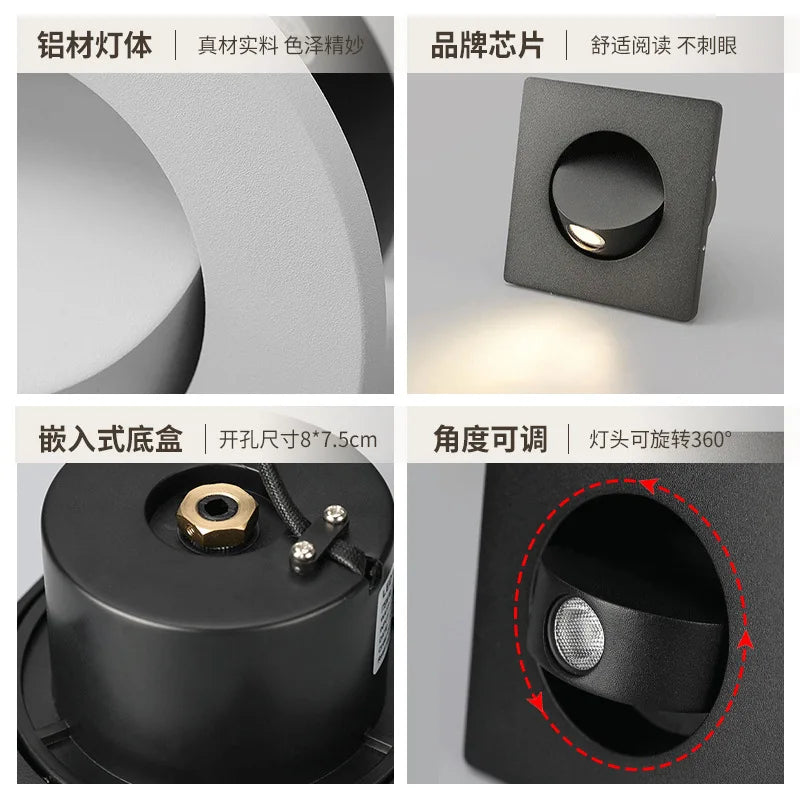 Recessed Rotation LED Reading Wall Light Living Room Bedroom Bedside Hotel Corridor Entrance Wall Lamp Hidden Decor Wall Sconce