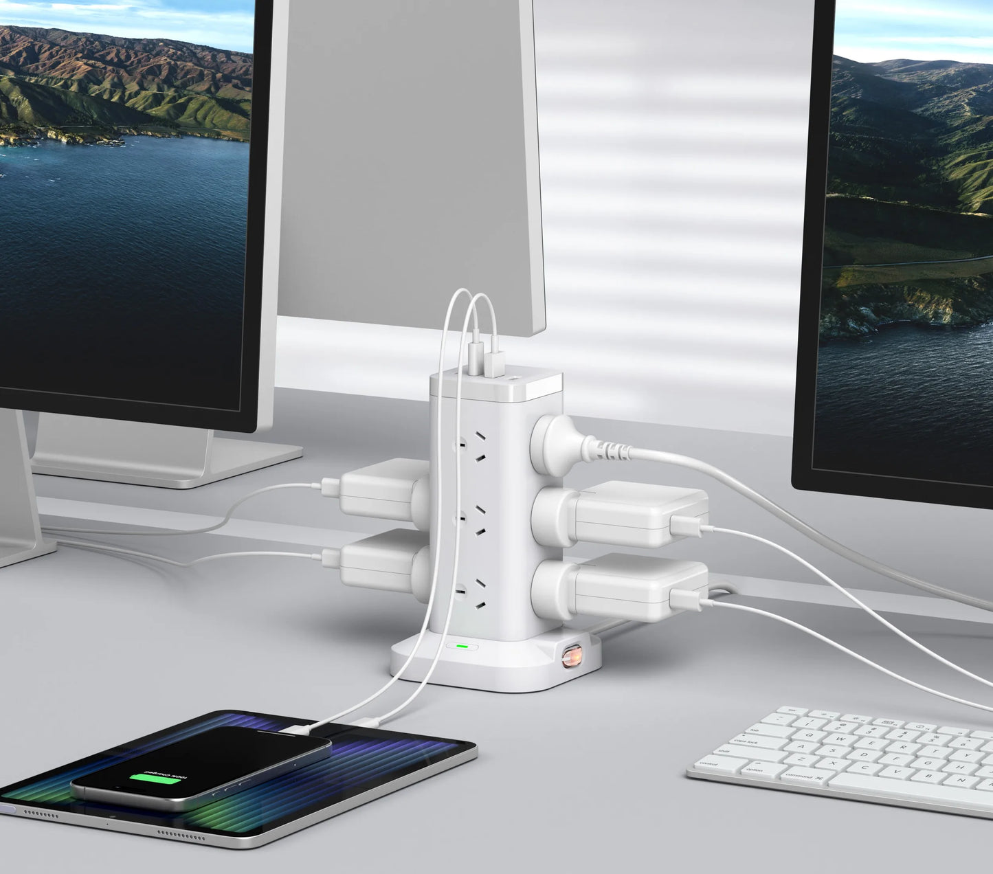 12-ways Tower Power Socket Surge Protection with 2 USB-A 2 USB-C charging, 2m Extension Cord, AU Plug Outlet Power strip
