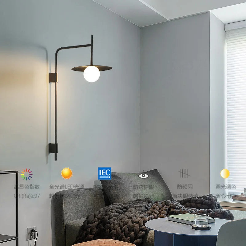 Modern Creative Circular Iron Glass Decorative LED Wall Lamp Black Gray White Bedroom Study Lighting Fixtures