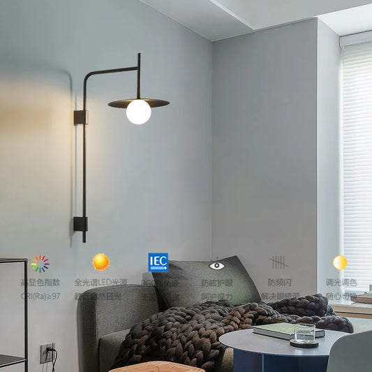 Modern Creative Circular Iron Glass Decorative LED Wall Lamp Black Gray White Bedroom Study Lighting Fixtures