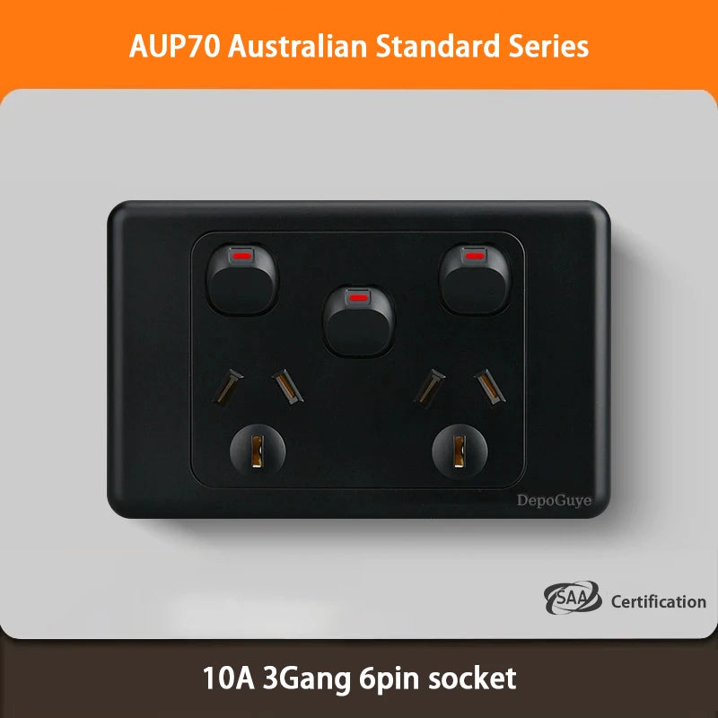 Black Australian Standard USB C Wall Dual Socket with 1/2/3Gang Switch,AU Plug Adapter Mobile Phone Charging Power 10A Outlet