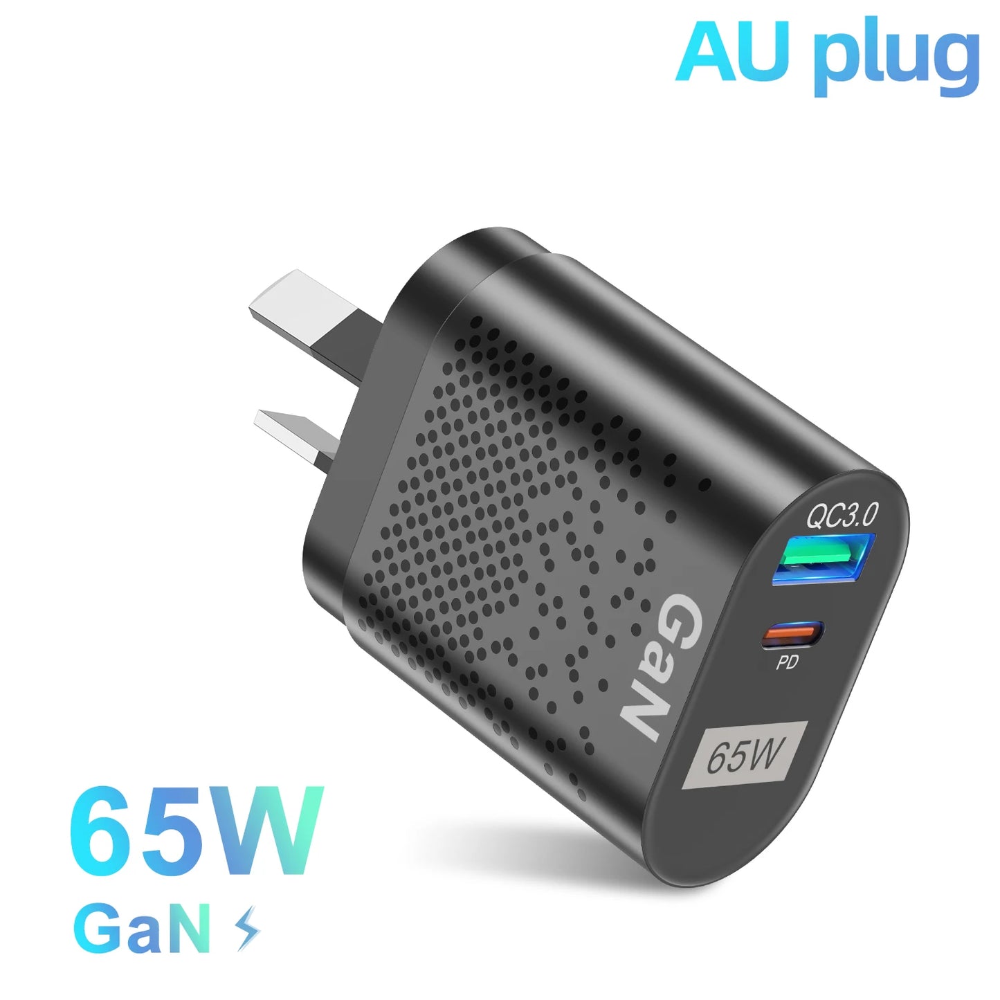 65W Gan Charger for Australia New Zealand AU Plug PD 33W Fast Charger QC 3.0 USB Adapter for iPhone 15 14 13 Pro Max