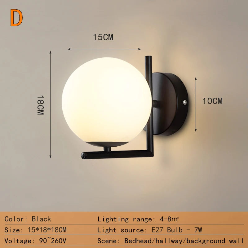 Nordic Home Decoration Lamp White Glass Ball Metal Wall Light 90-260V For Bedroom Corridor Mirror Leisure Area Bedhead Wall Lamp