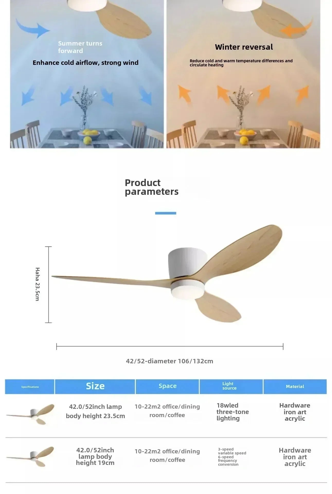 Low Floor Living Room with Lights and Remote Control Ceiling Fan, High Wind Power, Indoor Bedroom, Living Room, Dining Room