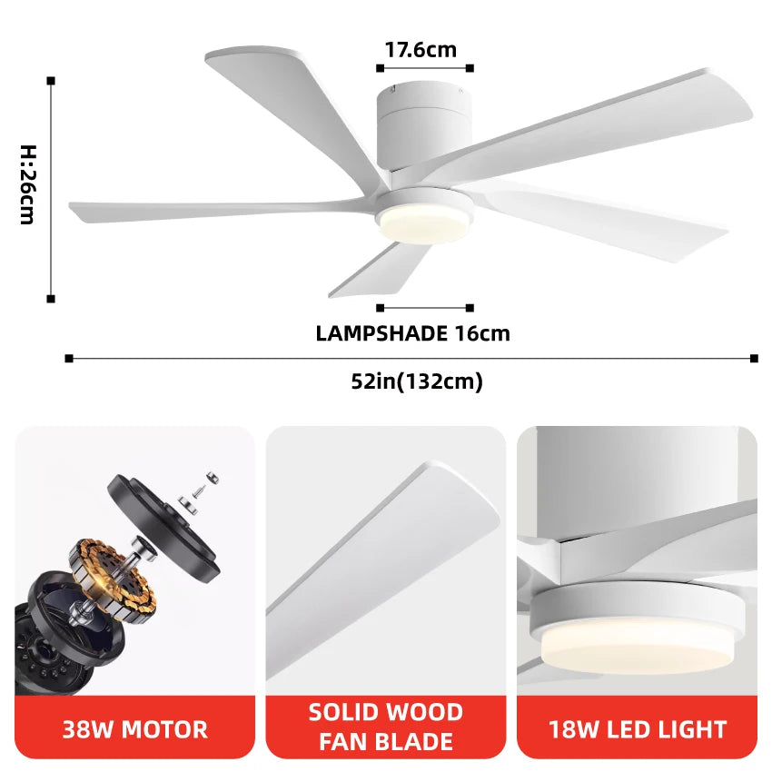 FUMANJIA 52" Solid Wood Ceiling Fan - 6-Speed Inverter Motor with Remote Control, Energy-Efficient Silent Operation for Living