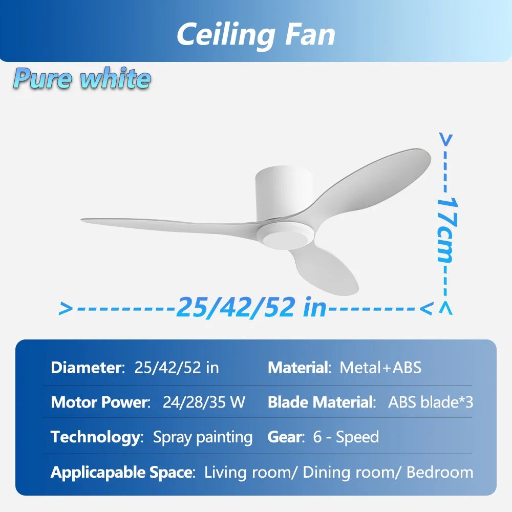 INTELLIGENT Black White Low Floor DC Motor Simple Modern Ceiling Fans Without Light Home Fan Only 17CM high 110-230V