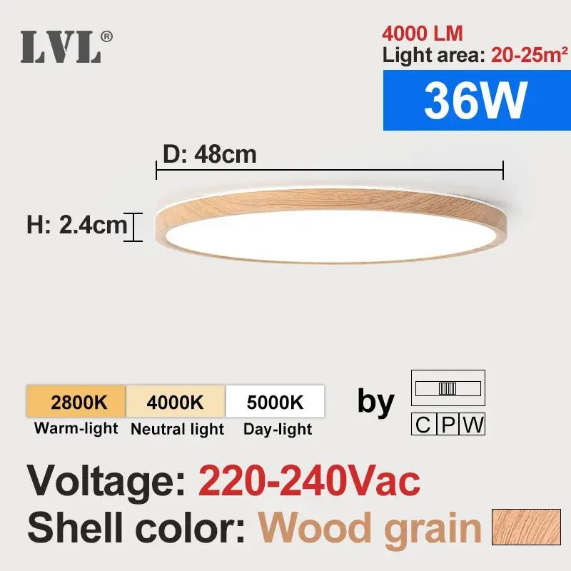 LVL LED Ceiling Light Wood Grain 3 in 1 Lighting Colors Home Lighing Kitchen Bedroom Bathroom Round Flush Ceiling Lamp