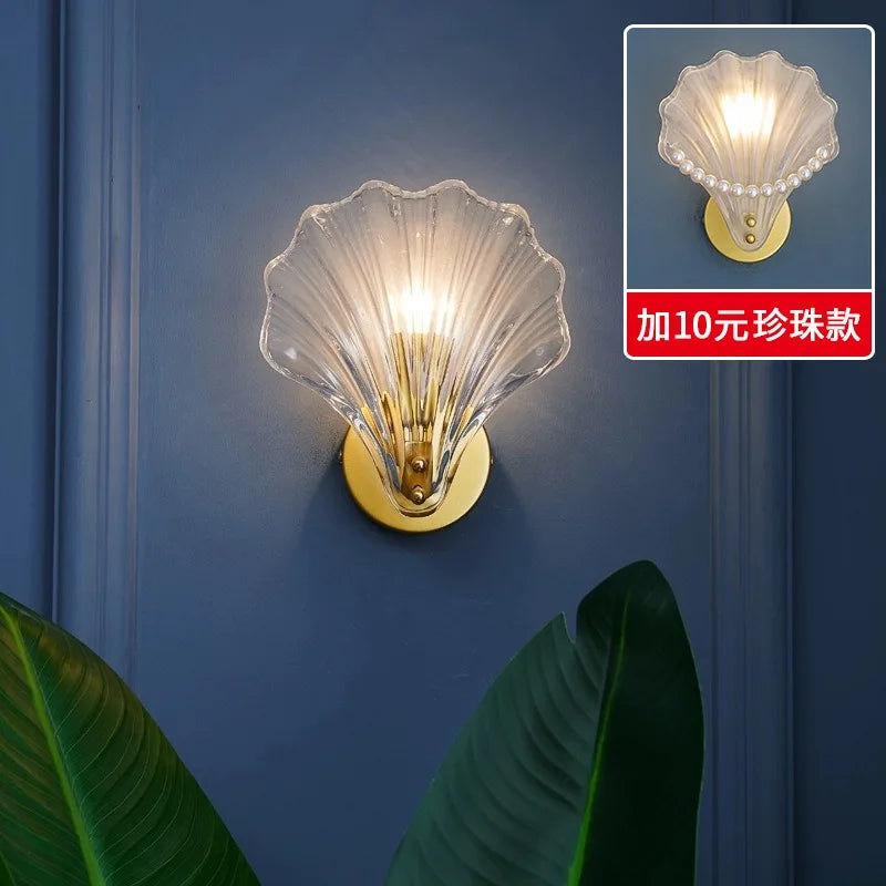 Nordic Simple Glass Shell Wall Lamp Bedroom Living Room Corridor Wall Light E14 Bedside Lamps Indoor Decoration Fixtures