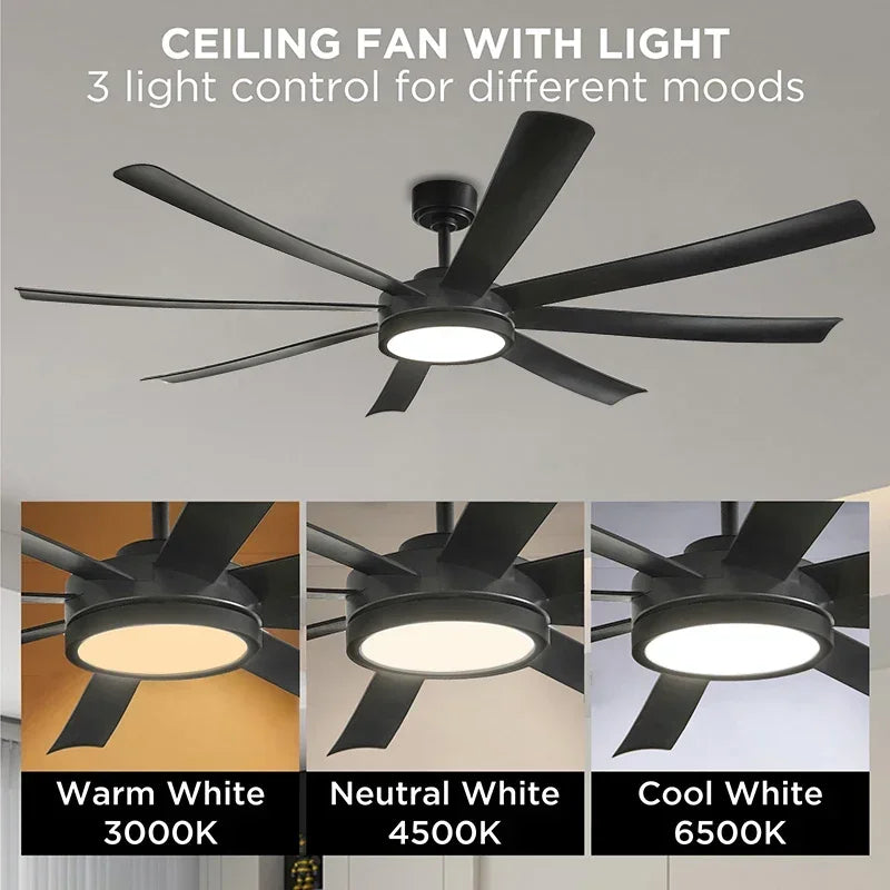 72 inch Large Diameter Black Ceiling Fan, DC Motor Remote Control, 6-speed Reversible, Living Room, Rerrace Pendant Light