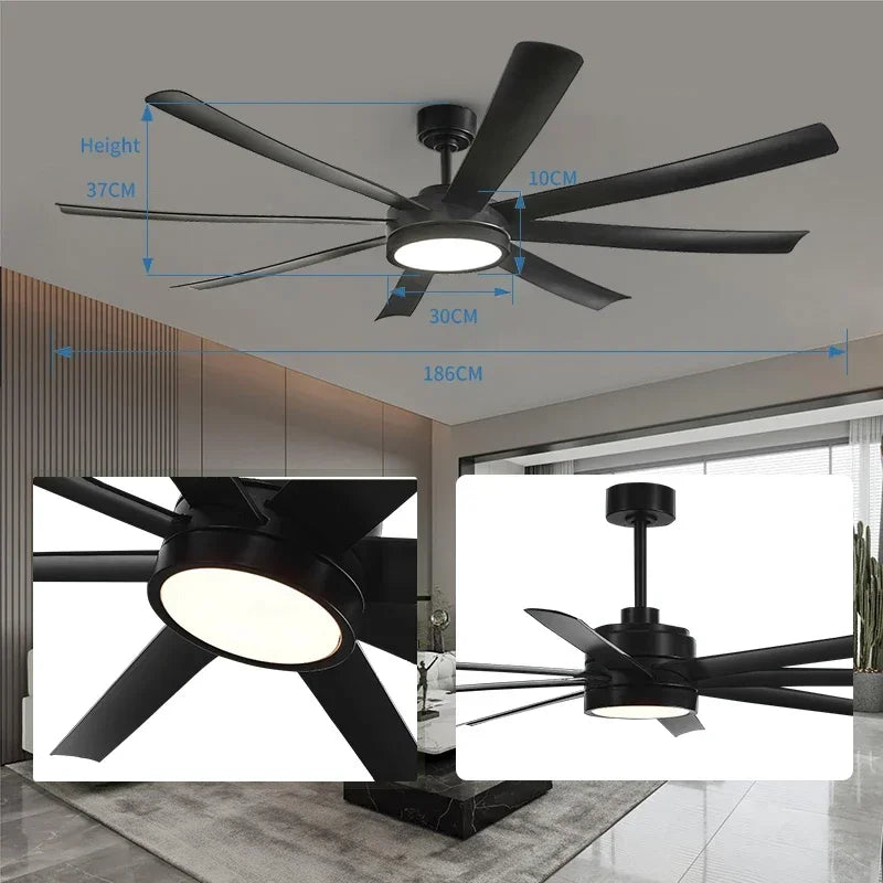 72 inch Large Diameter Black Ceiling Fan, DC Motor Remote Control, 6-speed Reversible, Living Room, Rerrace Pendant Light