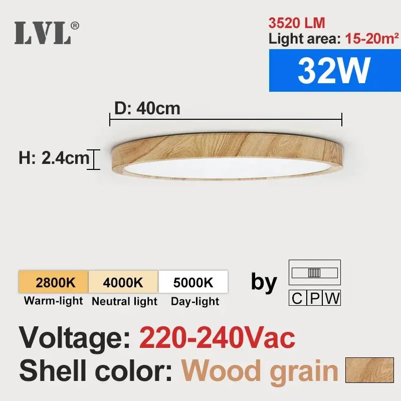 LVL LED Ceiling Light Wood Grain 3 in 1 Lighting Colors Home Lighing Kitchen Bedroom Bathroom Round Flush Ceiling Lamp