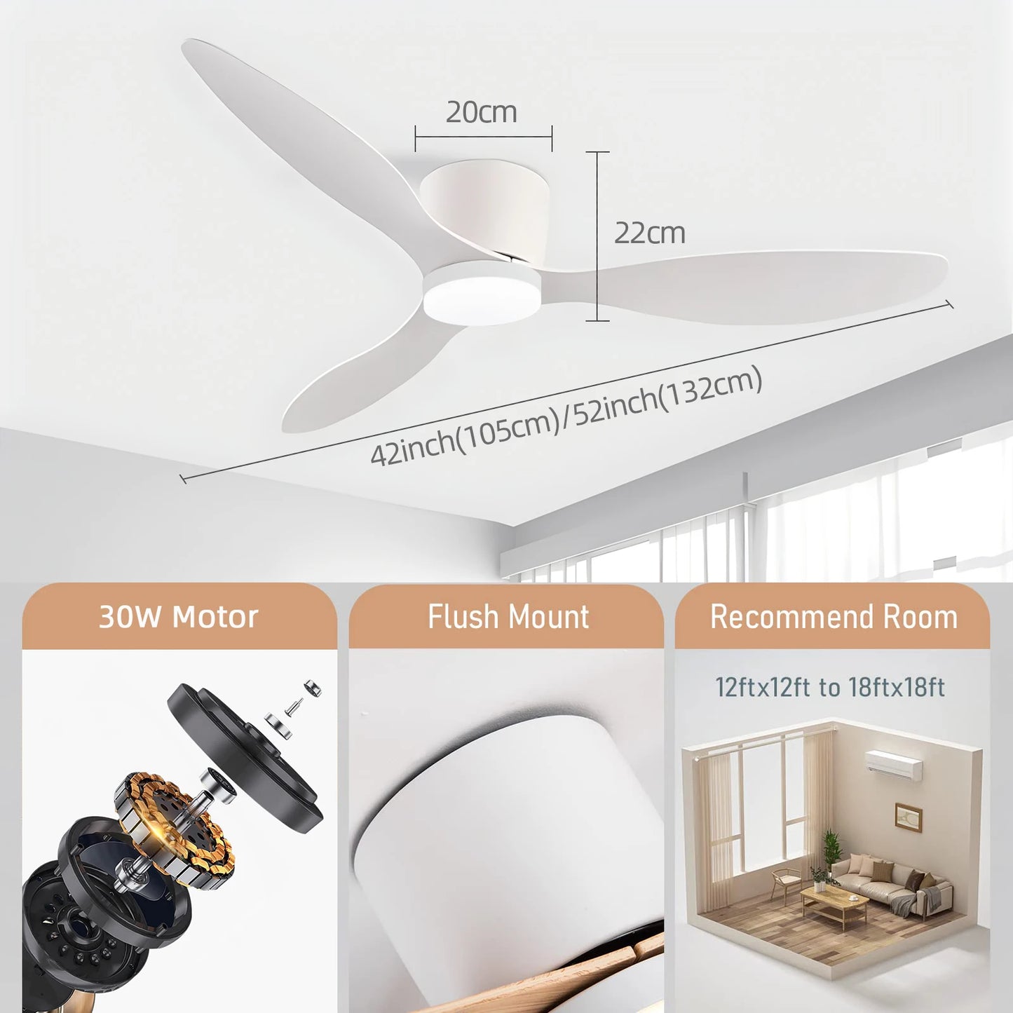 IRALAN Modern Ceiling Fan with LED Light DC motor Large Air Volume Remote Control for Kitchen Bedroom Dining room Patio