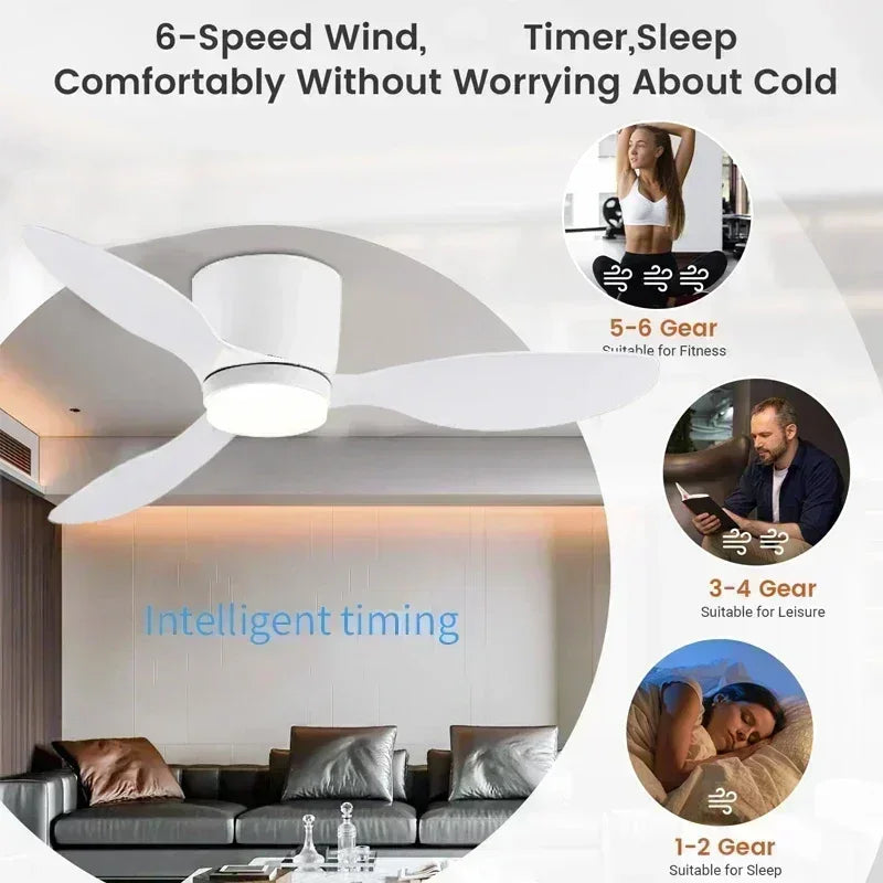 Low Floor Living Room with Lights and Remote Control Ceiling Fan, High Wind Power, Indoor Bedroom, Living Room, Dining Room