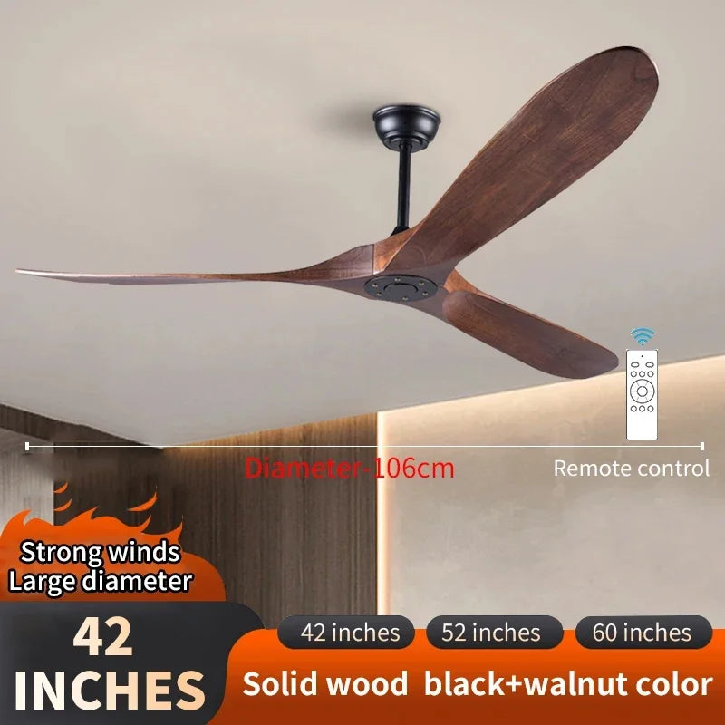 Modern Solid Wood Retro High Air Volume Ceiling Fan with Remote Control Without Lights Living Room and Dining Room Pendant Light