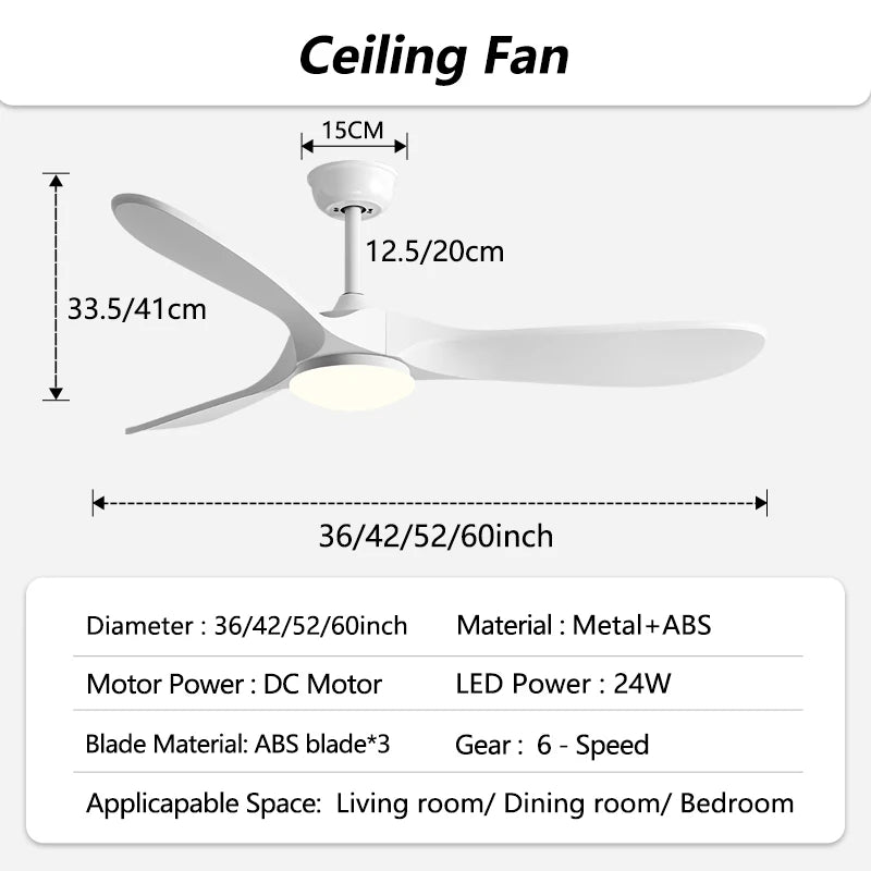 36/42/52/60 Inch Modern Ceiling Fan with LED Light DC Motor Silver Finish 3 Blade Fan Remote Control for Home Office