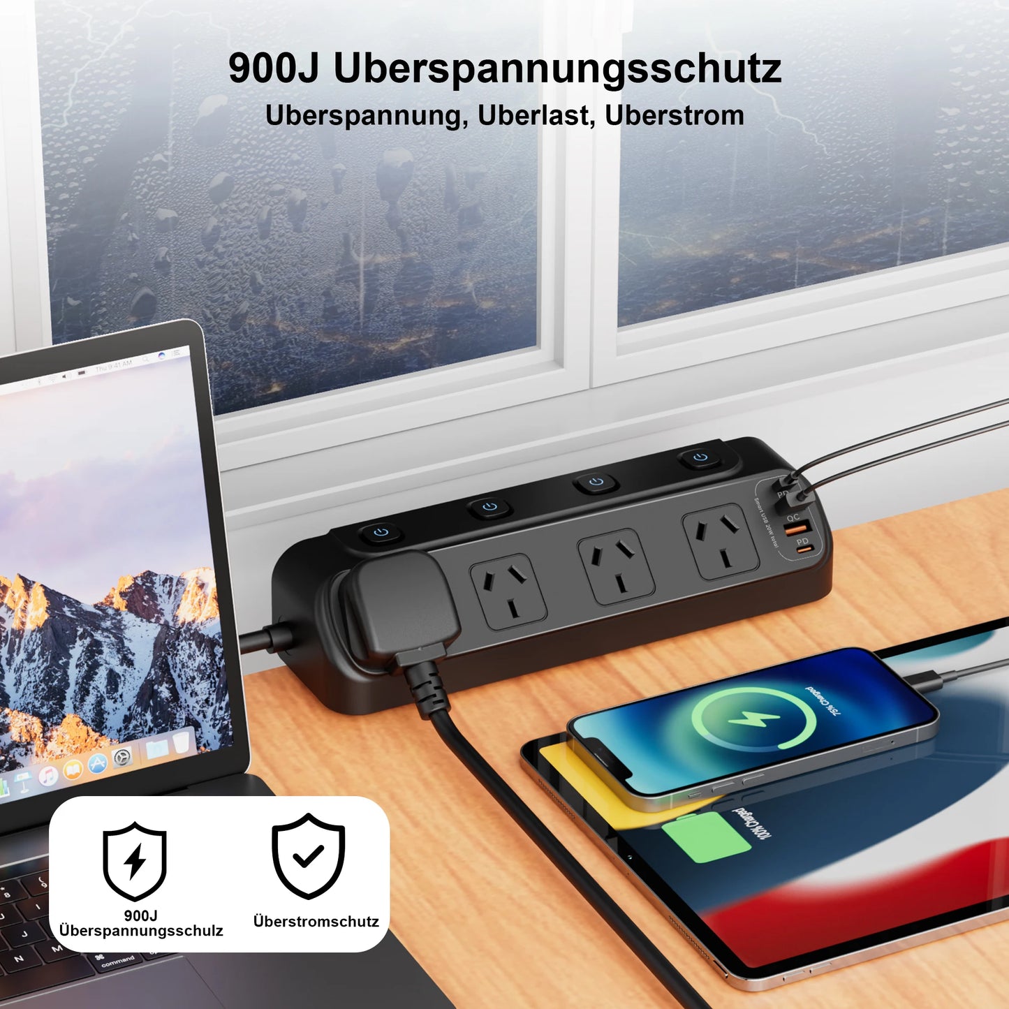2500W Australia Au Ac Plug Multitap Independent Switch Power Strip 2m Extension Cord Outlets with 3 Usb-A 3 Usb-C Charging Ports