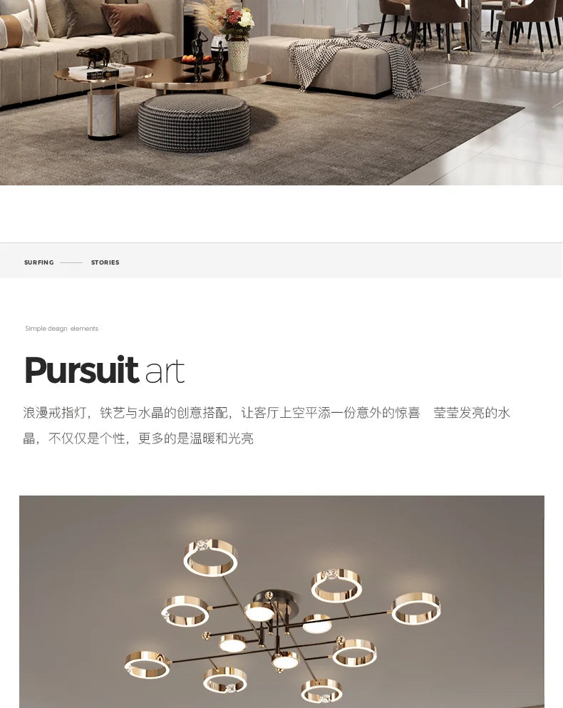 Modern Luxury Chandelier Lighting For Living Room Bedroom Plated Gold Aluminum Remote Control Pendant Lights Crystals Decoration