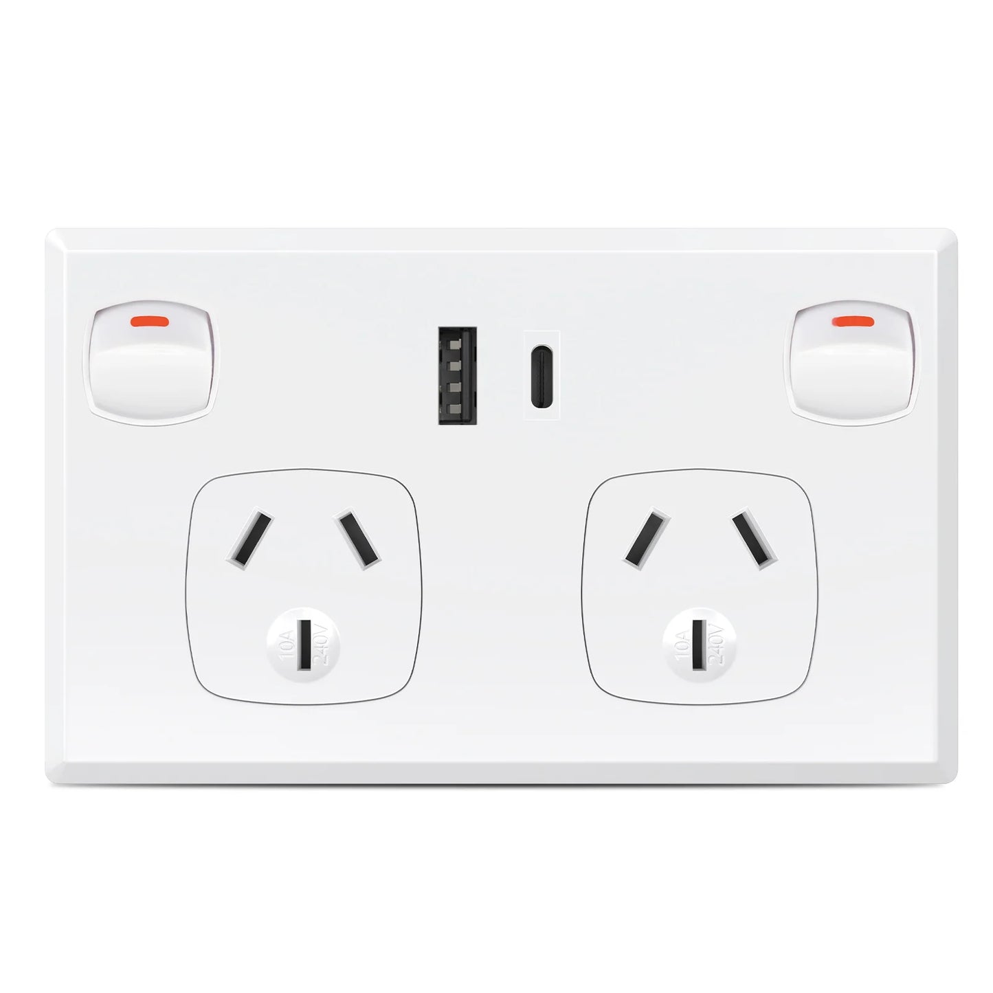 Australian Standard USB Wall Socket Dual Outlet with Type-C and Switch, AU Plug Adapter Mobile Phone Charging Power Socket 10A