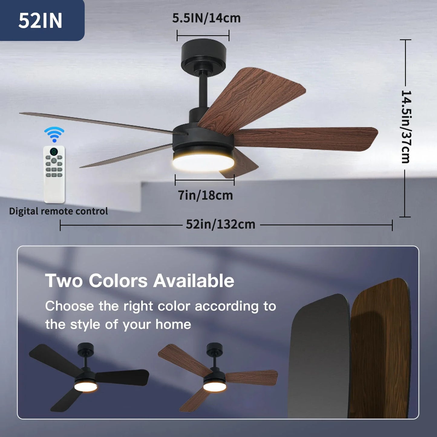 Ceiling Fan with Light, 3CCT, Silent DC Motor, Remote Control, Living Room, Bedroom, Dining Room and Study, Fan Light
