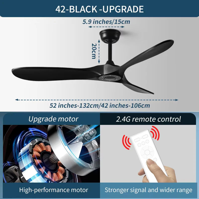 42/52 Inch Nordic LED Ceiling Light Restaurant Living Room Home Remote Control DC Silent Industrial Retro Electric Fan