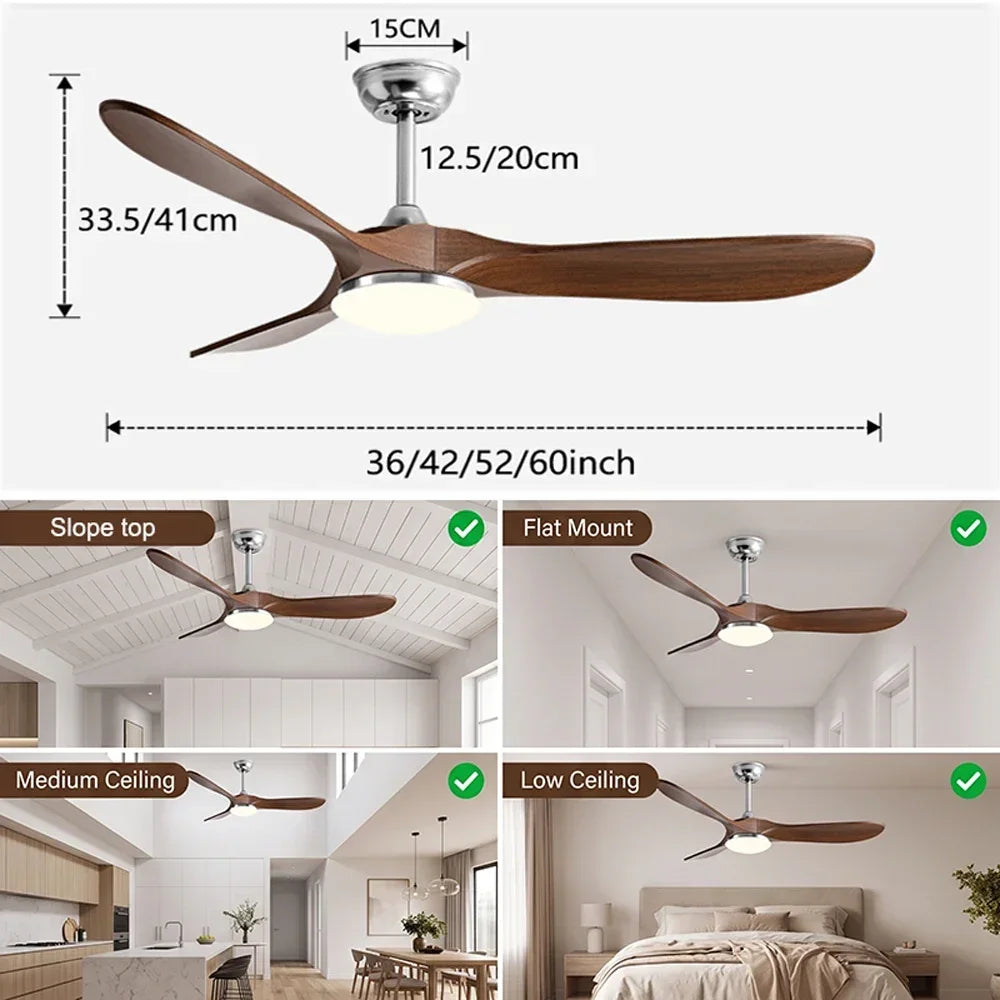 36/42/52/60 Inch Modern Ceiling Fan with LED Light DC Motor Silver Finish 3 Blade Fan Remote Control for Home Office