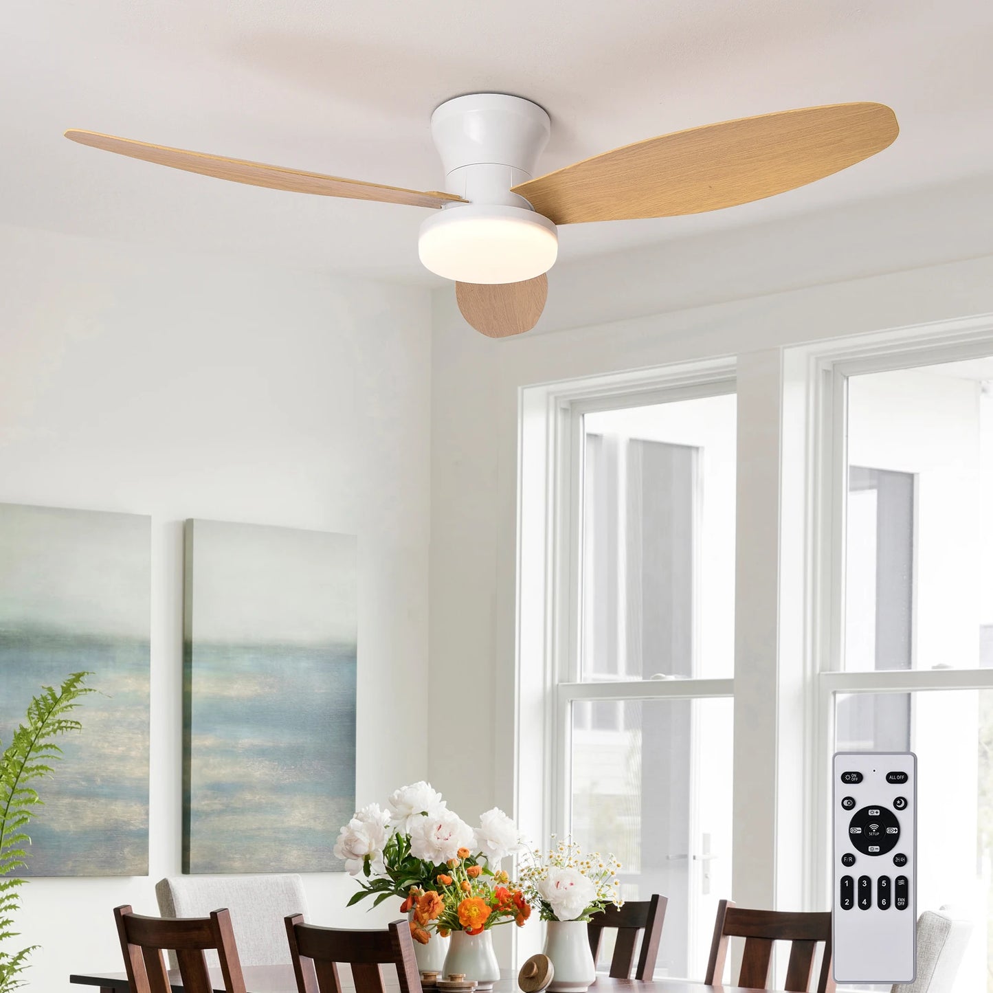 Ceiling Fan with Light 3 Colors, 6 Speeds, Timing, Ceiling Fan with Remote Control 3 Blades for Kitchen Bedroom Dining Room