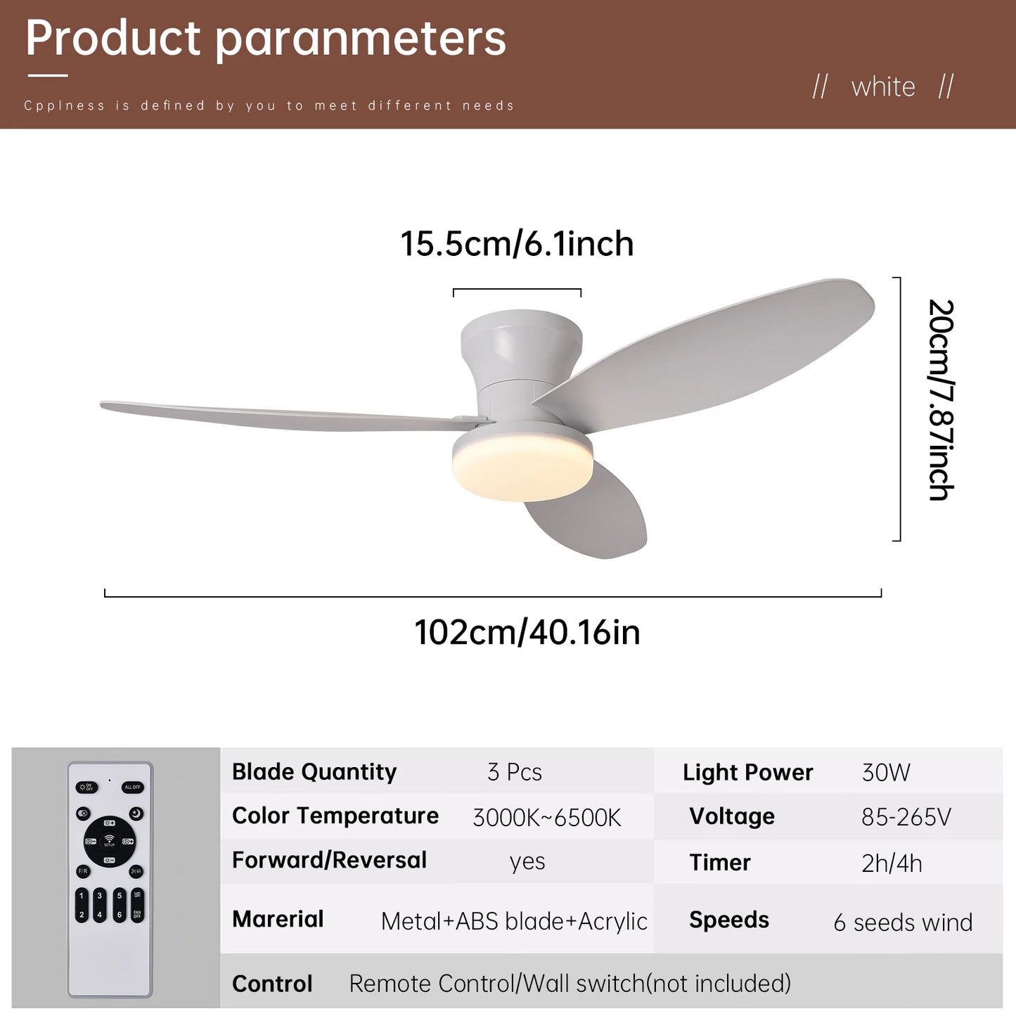Ceiling Fan with Light 3 Colors, 6 Speeds, Timing, Ceiling Fan with Remote Control 3 Blades for Kitchen Bedroom Dining Room