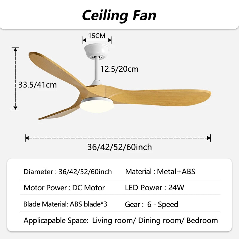 36/42/52/60 Inch Modern Ceiling Fan with LED Light DC Motor Silver Finish 3 Blade Fan Remote Control for Home Office