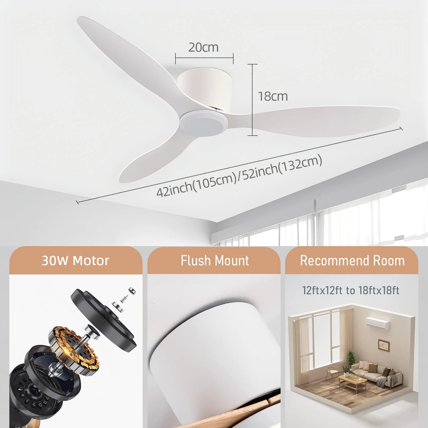 Jelena 42 52 Inch Smart Ceiling Fan No Light DC Motor Cooling Fans Lamp Low Floor Ceiling Fan with Remote Control Electric fan