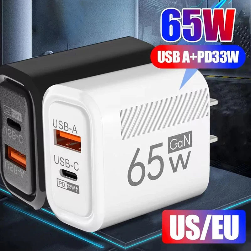 65W GaN Fast Charging USB Type C Charger US EU Plug PD 3.0 Quick Charge Travel Wall Charger For Phone Adapter For iPhone Samsung