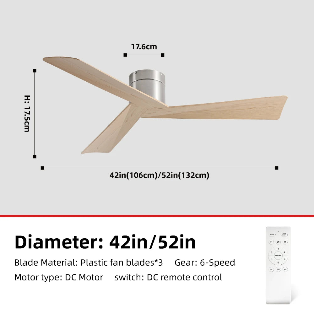 42/52" Ceiling Fan, Remote - 3 - Blade Retro - Style ABS, 6 - Speed Inverter Motor, No - Light Design, Quiet Operation for Home