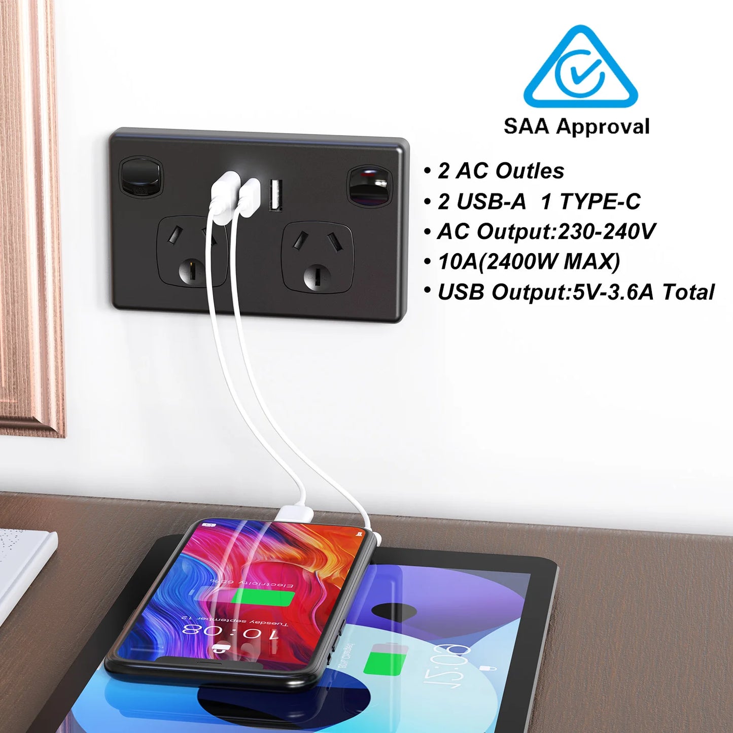 Australian Standard USB Wall Socket Dual Socket with 2 USB 1 Type-C and Switch, AU Plug Adapter Mobile Phone Charging 10A
